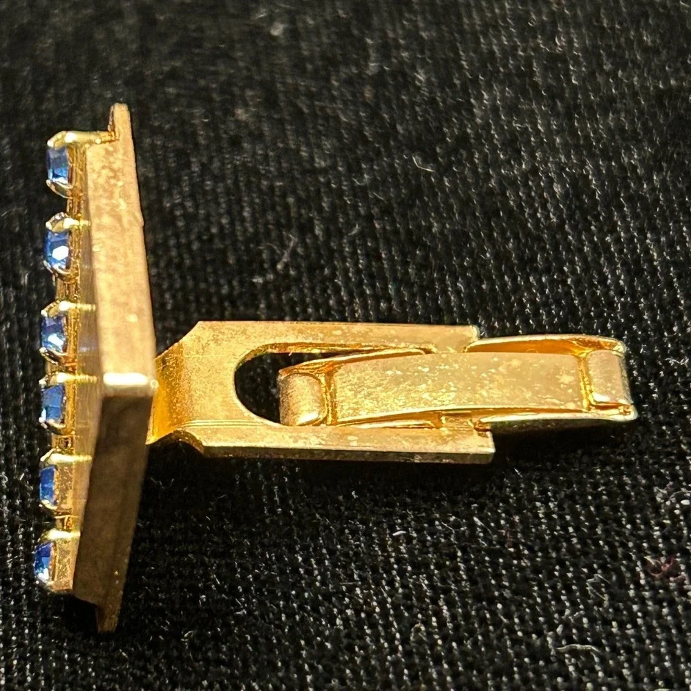 Vintage Gold Tone Textured Square Cufflinks and Tie Tack Set Blue Rhinestones